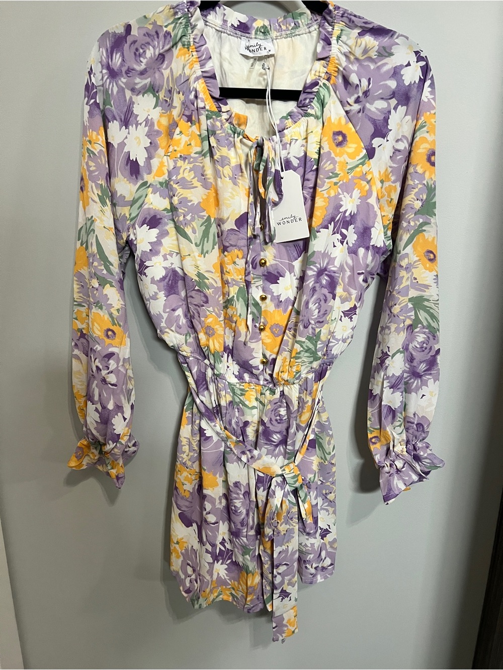 Floral Tie-Waist Romper in Lavender & Yellow M NWT